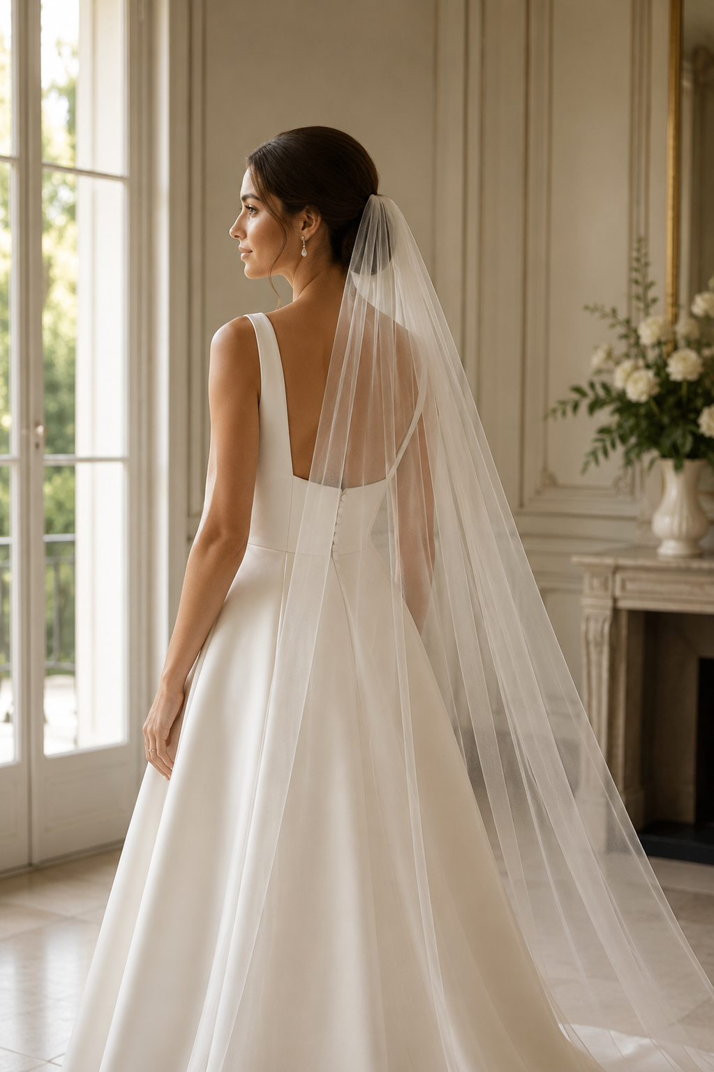 Bride wearing a medium width wedding veil with a minimalist A-line wedding dress