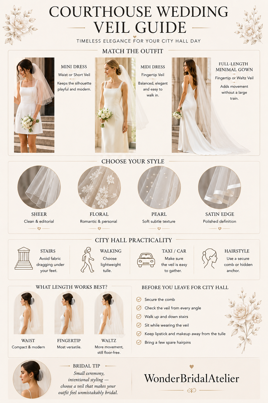 Bride wearing a fingertip courthouse wedding veil with a modern ivory midi dress