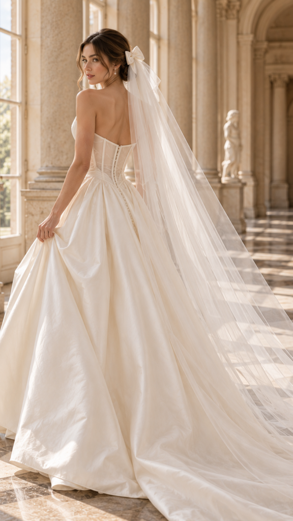 Bride wearing a bow wedding veil with a minimalist ivory wedding dress