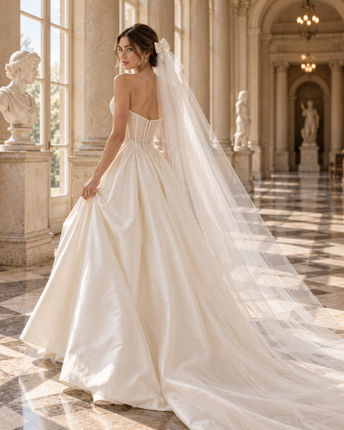 Bride wearing a bow wedding veil with a minimalist ivory wedding dress