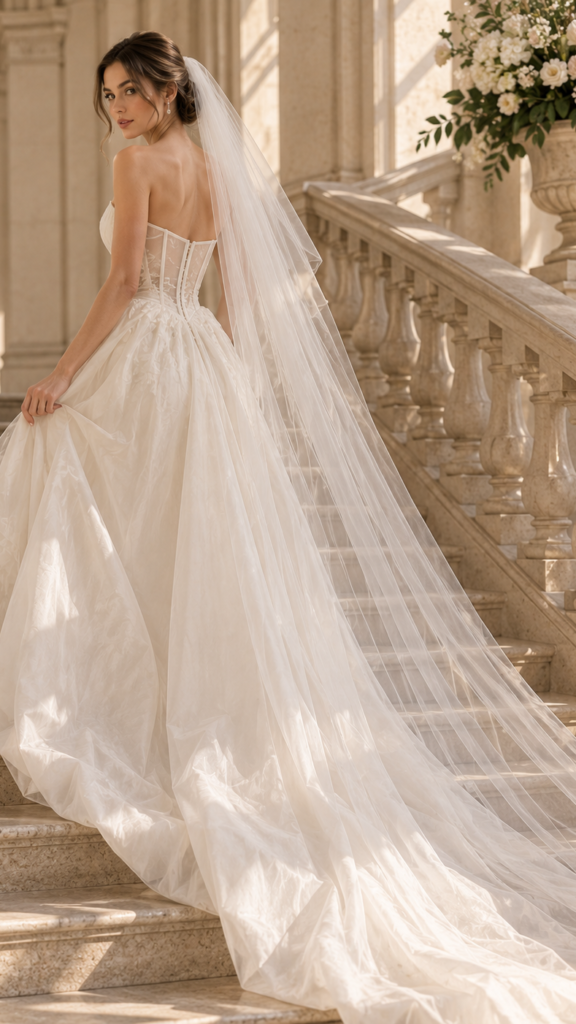 Bride wearing a sheer cathedral wedding veil with a structured corset wedding dress
