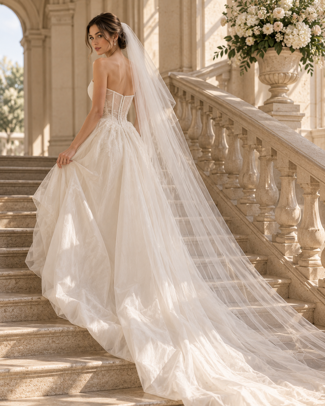 Bride wearing a sheer cathedral wedding veil with a structured corset wedding dress