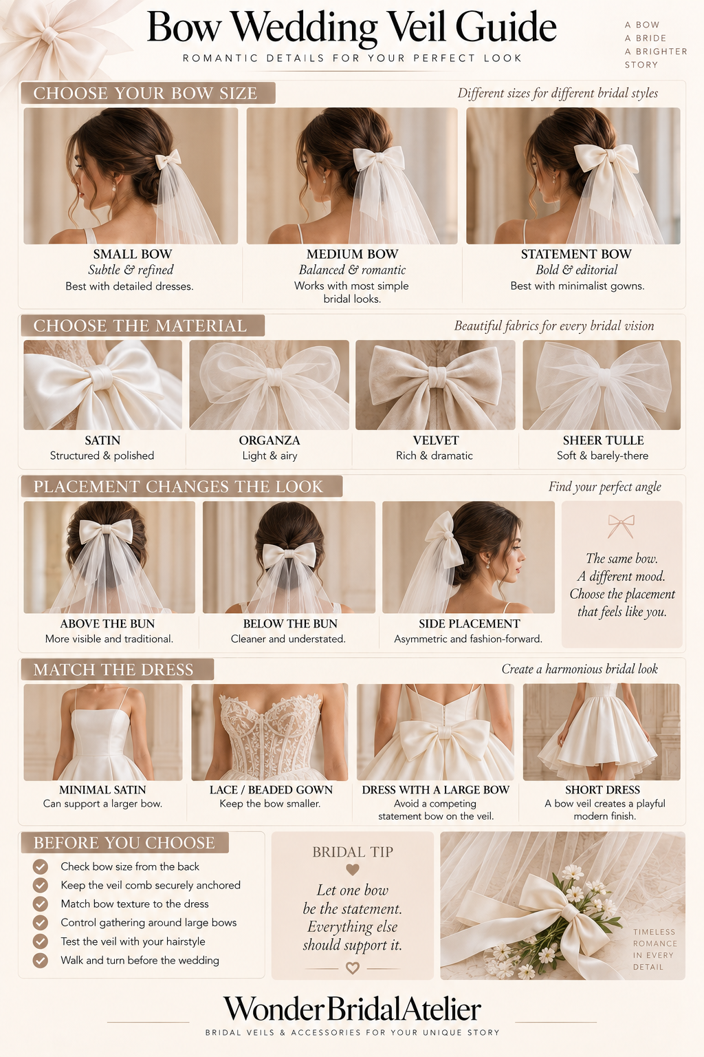Bow wedding veil guide comparing bow sizes, fabrics, placement and bridal dress styles