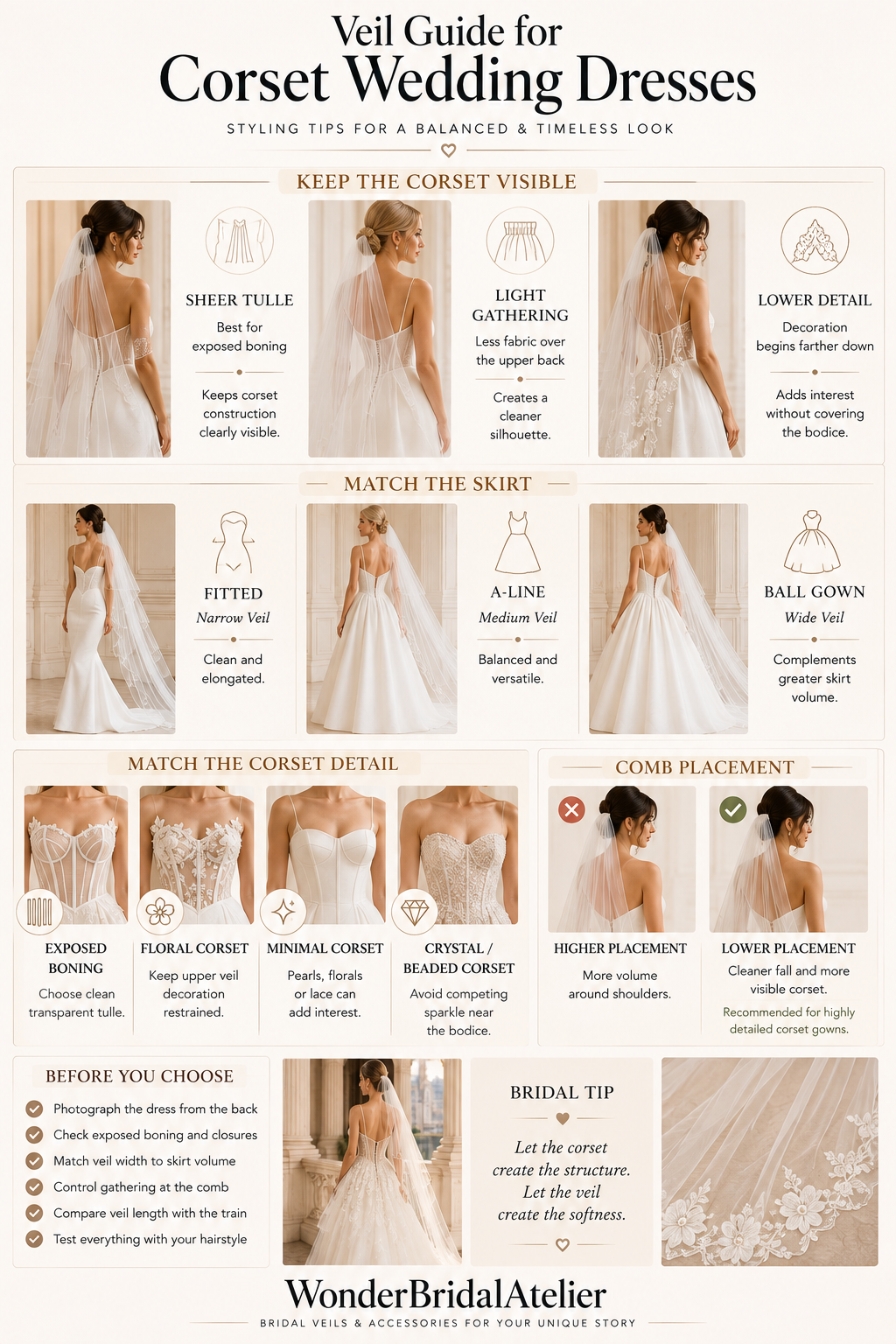 Veil guide for corset wedding dresses comparing transparency, width and comb placement